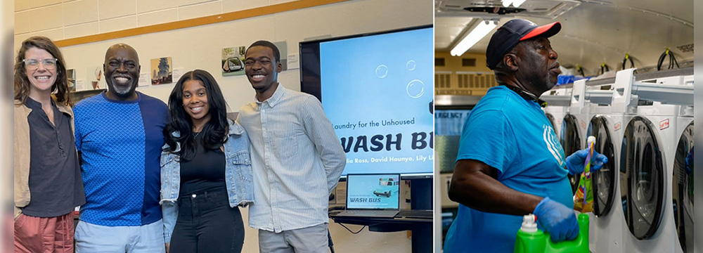 Georgia Tech Industrial Design Majors stand with Nicky Crawford, to present their design for the wash bus. On the right, a photo of Crawford doing laundry in the bus.